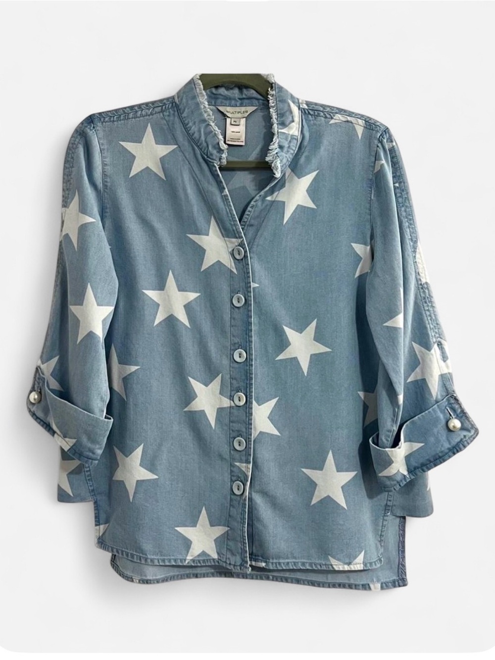 MULTIPLES Star Printed Light Blue Chambray Denim Style Button Up Top